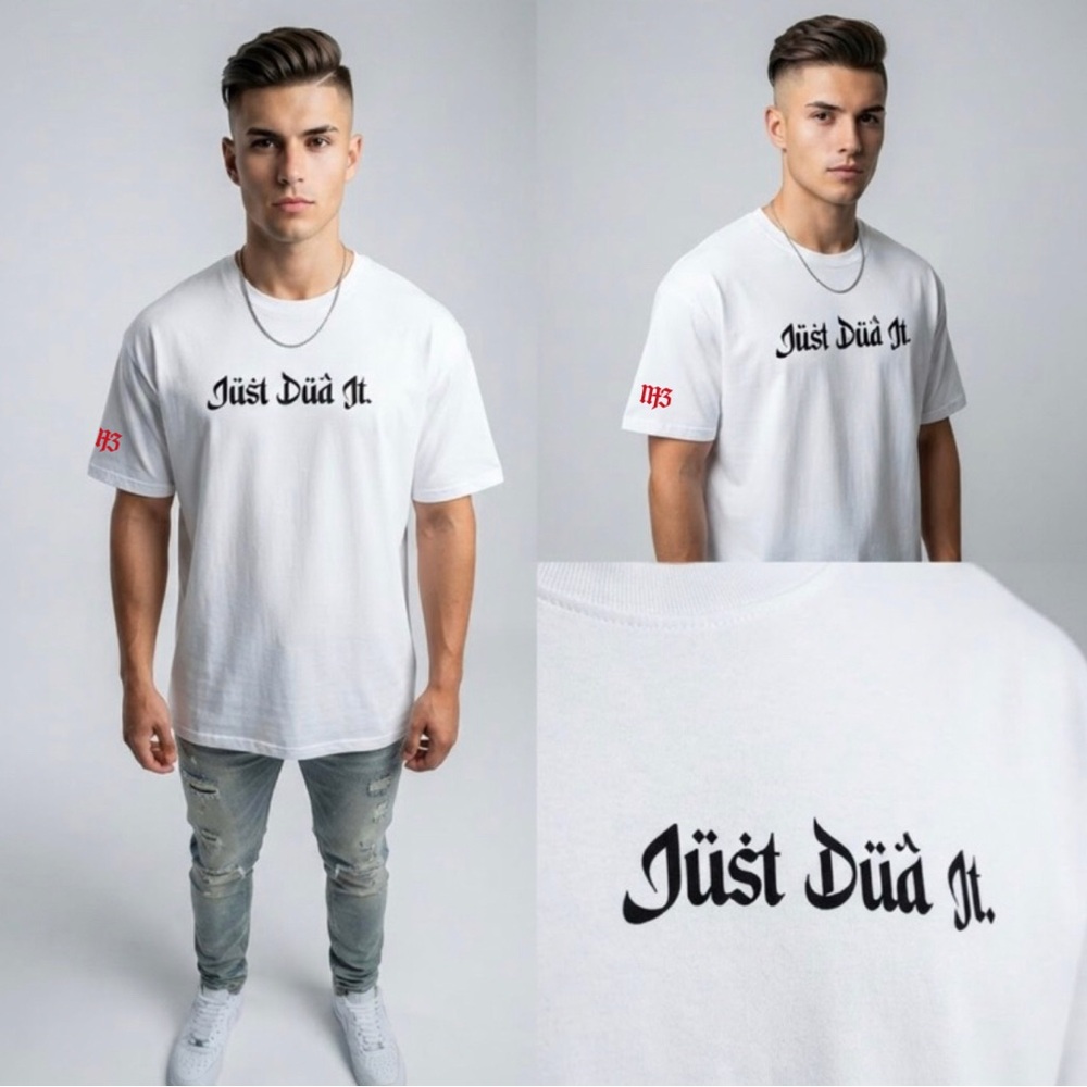 White Short Sleeve Graphic Tee with Black Gothic Script